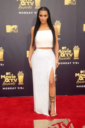 White Kim Kardashian (Kim K) Two Piece Sequins Dress Slit Prom Red Carpet Dress MTV Awards