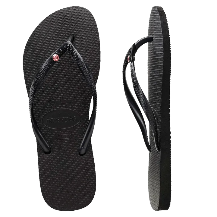 Womens Havaianas Slim Coloured Crystal Thongs - Black/Light Rose