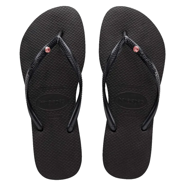 Womens Havaianas Slim Coloured Crystal Thongs - Black/Light Rose